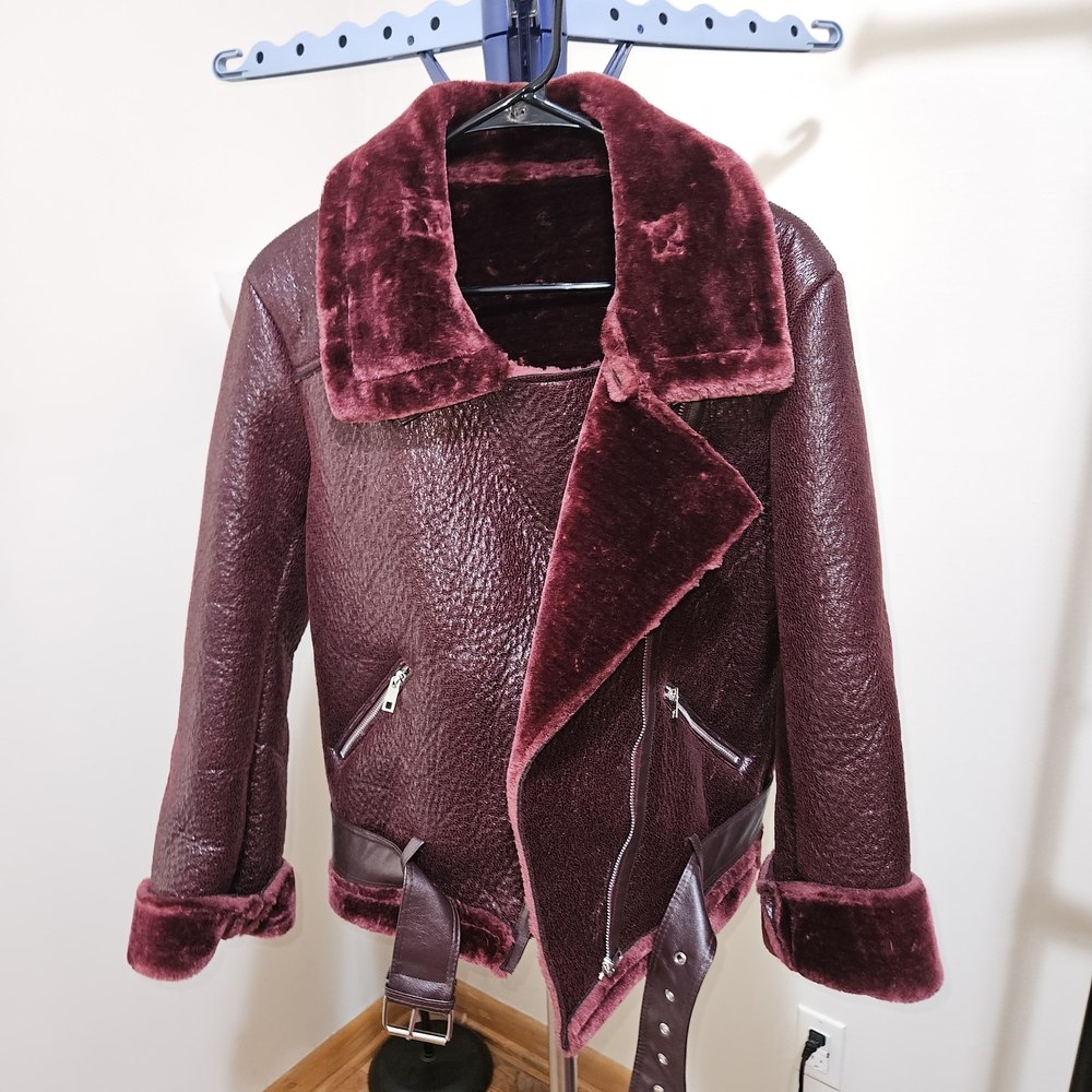 Commense Burgundy Faux Fur Longline Contrast Cuff Aviator Jacket